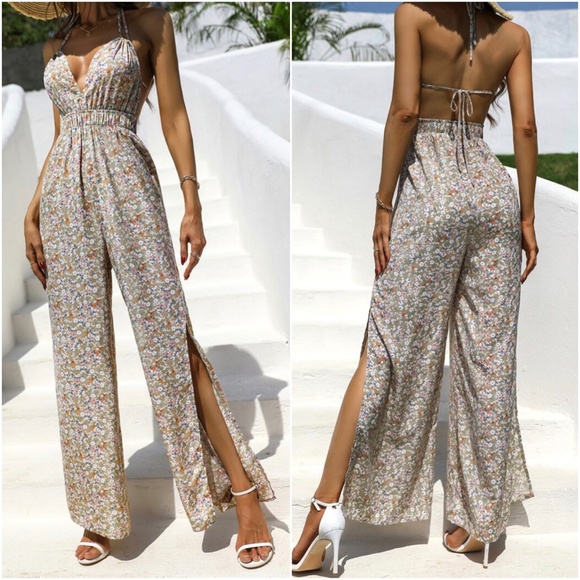 Boho Floral Print Open Back Tie Halter Jumper Jumpsuit - Picture 6 of 8